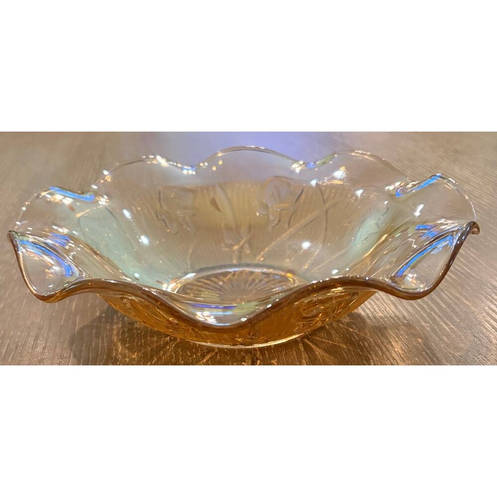 VTG Jeannette Glass Carnival Iridescent Marigold Iris/Herringbone Serving Bowl 9